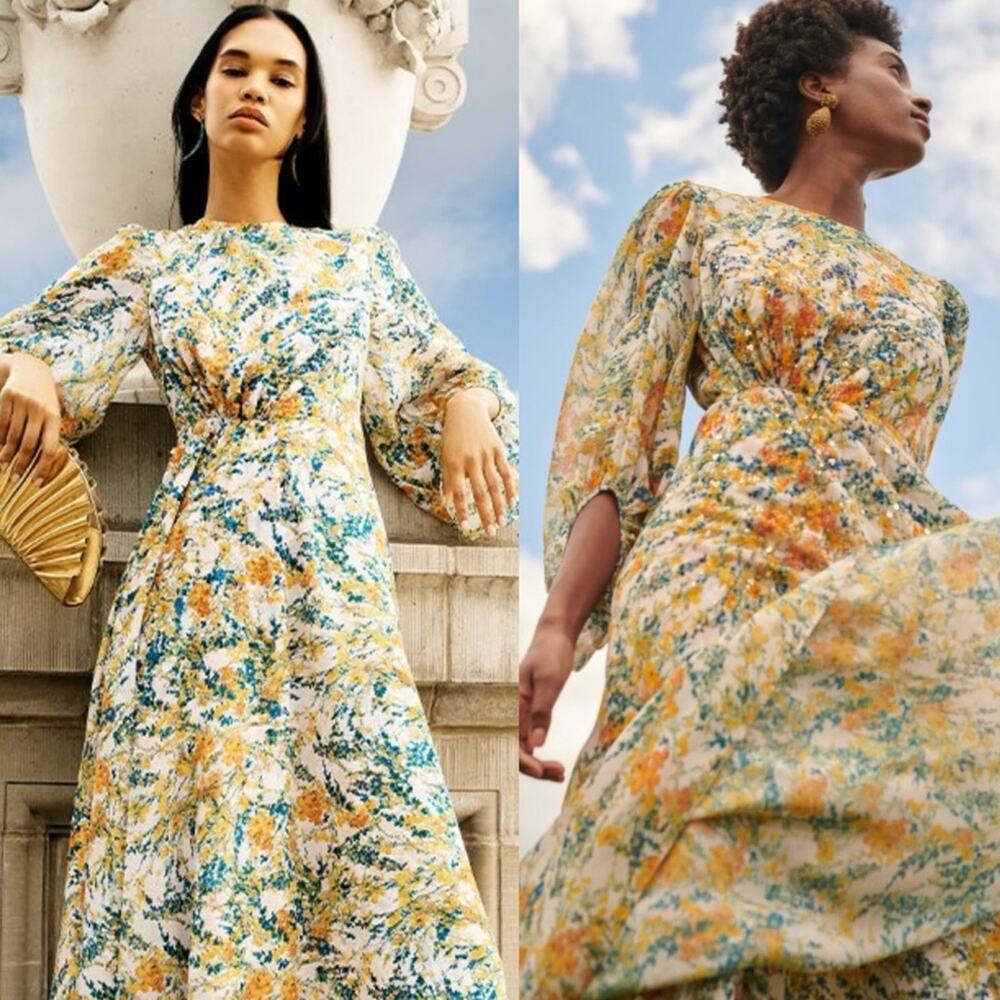 Sachin & Babi Aria Long Sleeve Beaded Sequin Floral Dress Gown Size 2 New